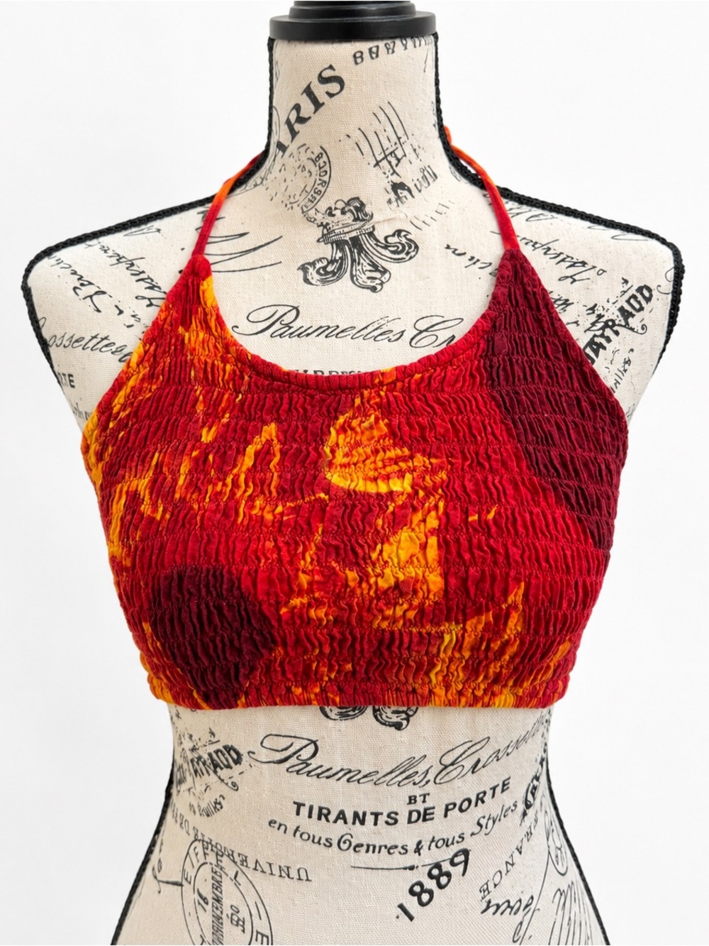Red & Orange Smocked Halter Crop Top